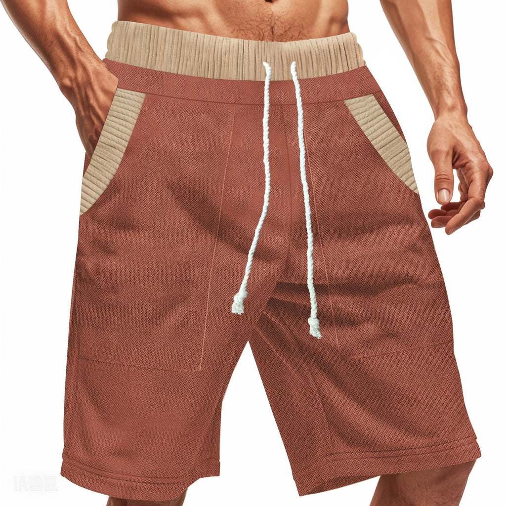 Brown shorts with beige accents and a drawstring on a white background