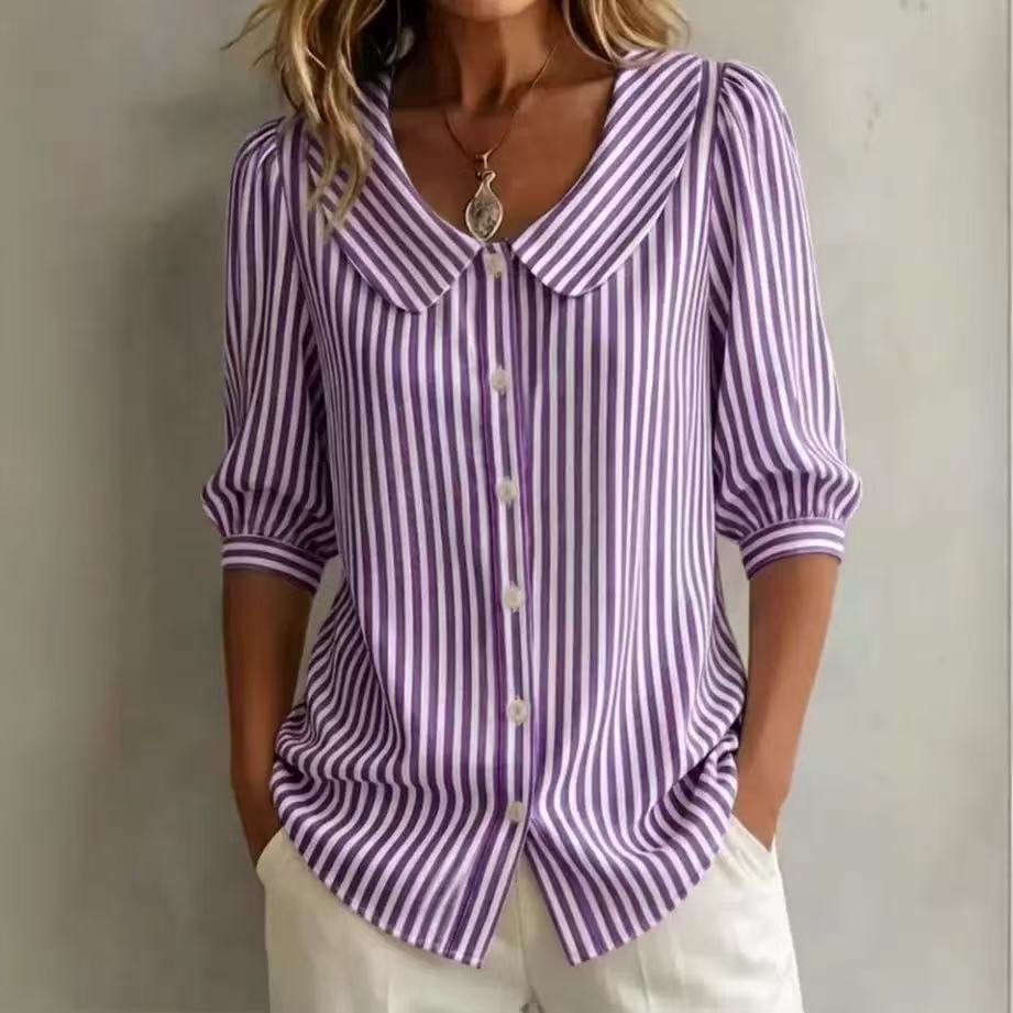 Mid-Sleeve Striped V-Neck Casual T-Shirt | Women's Tee