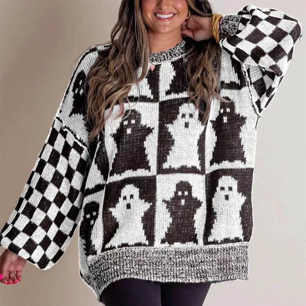 ZA-Zola Halloween Ghost Checkerboard Pullover Sweater - ZA-Zola