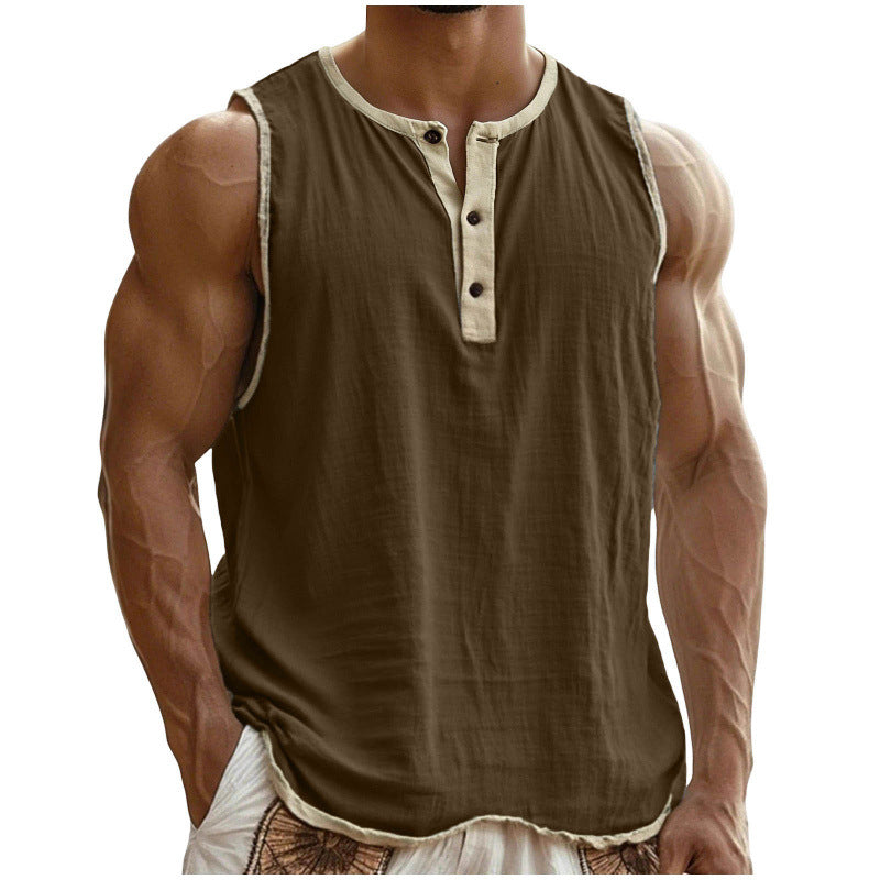 Brown sleeveless shirt with beige trim worn by a muscular person on a white background