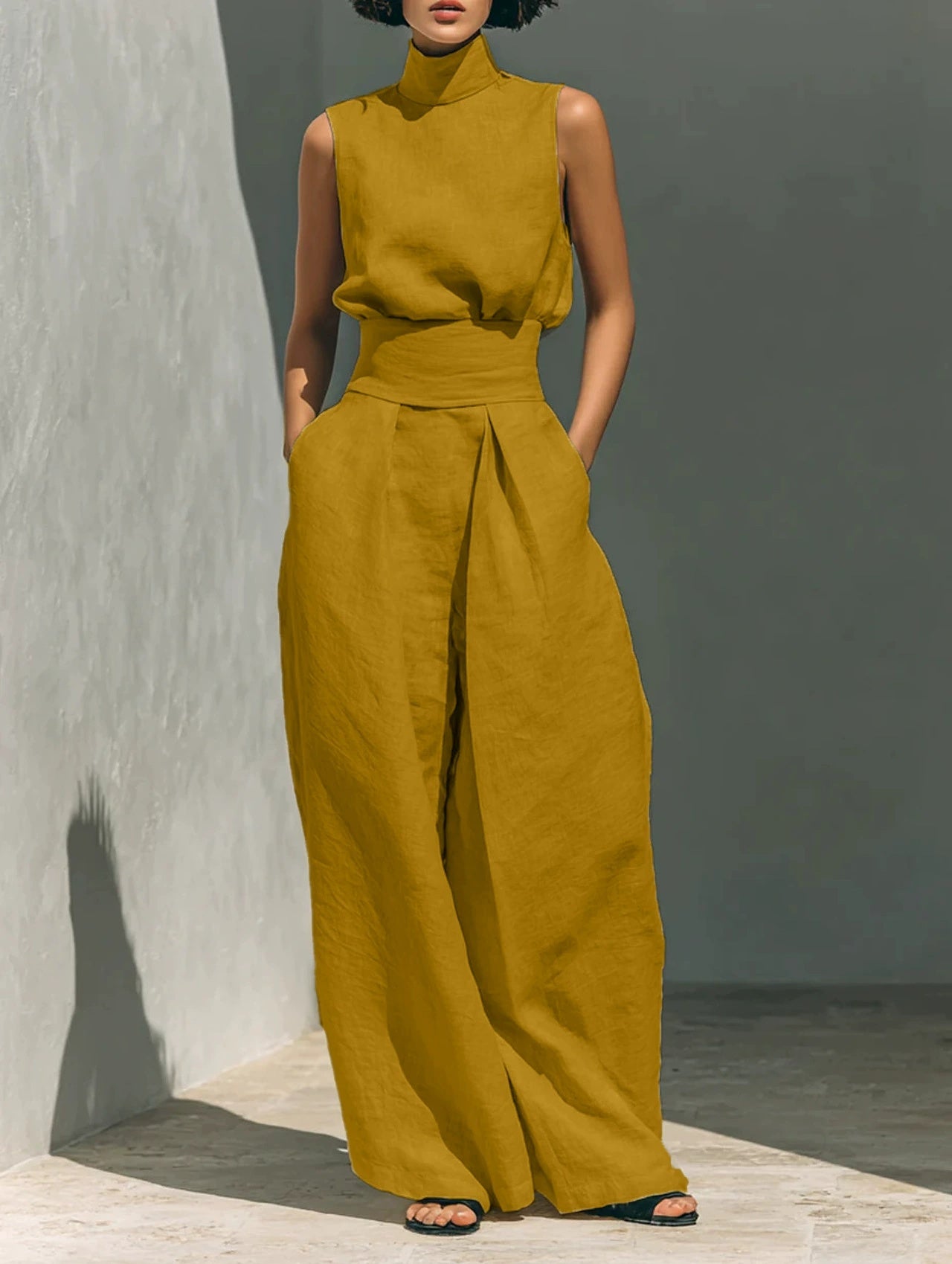 Person wearing a mustard yellow outfit against a gray wall.