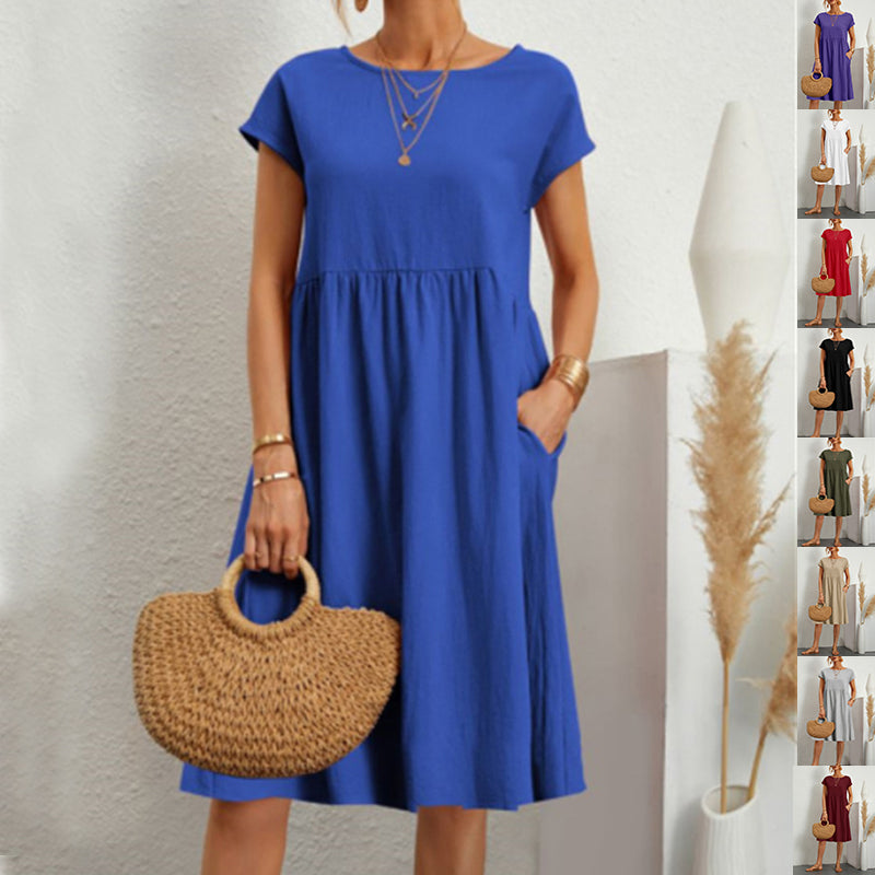 Summer Short Sleeve Round Neck A-Line Dress With Pockets Women Solid Casual Cotton Summer Dress