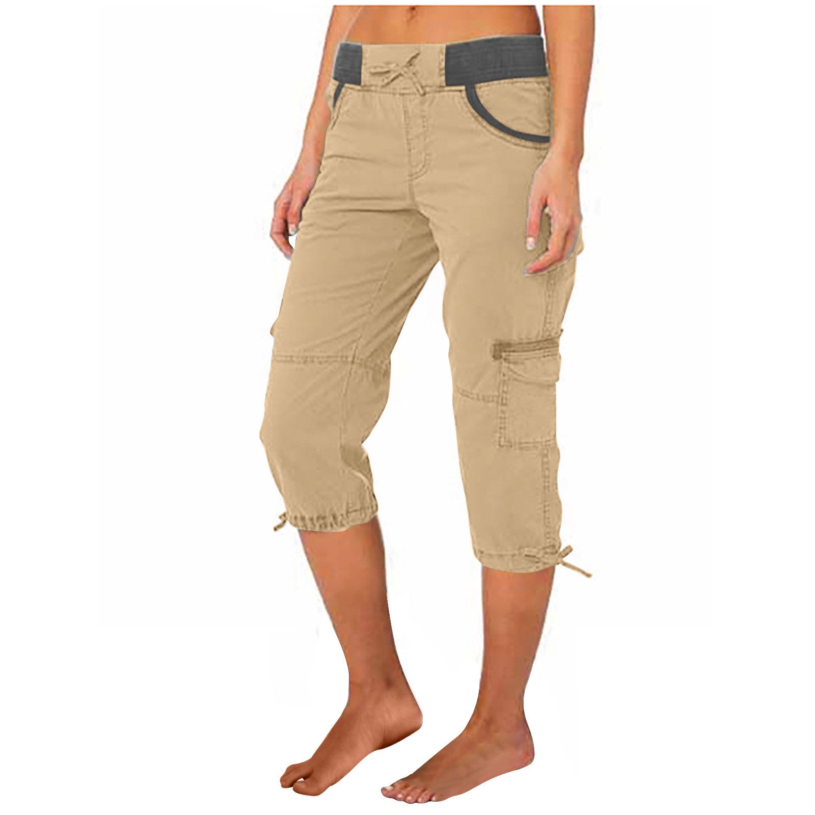 Beige capri pants with a belt on a white background