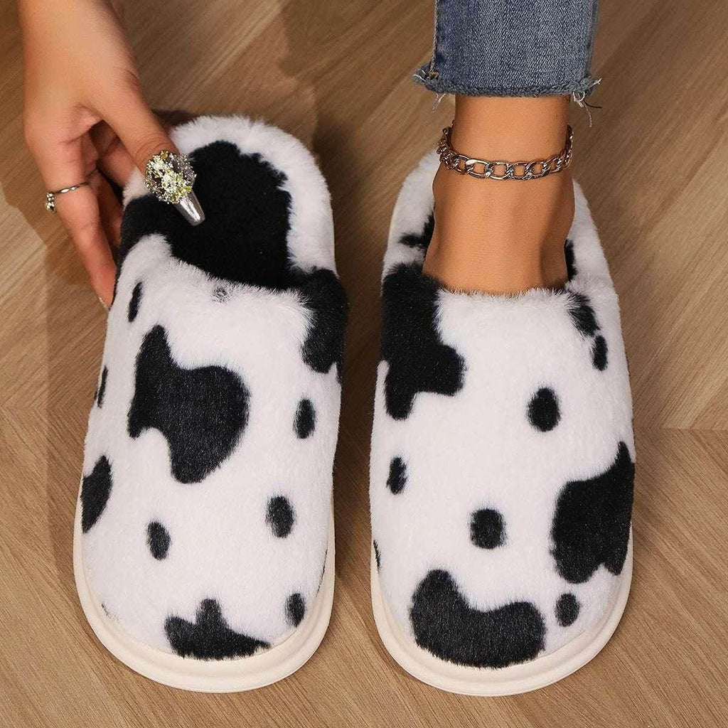 Cow Spotted Plush Slippers – Cozy Winter Warmth - ZA-Zola