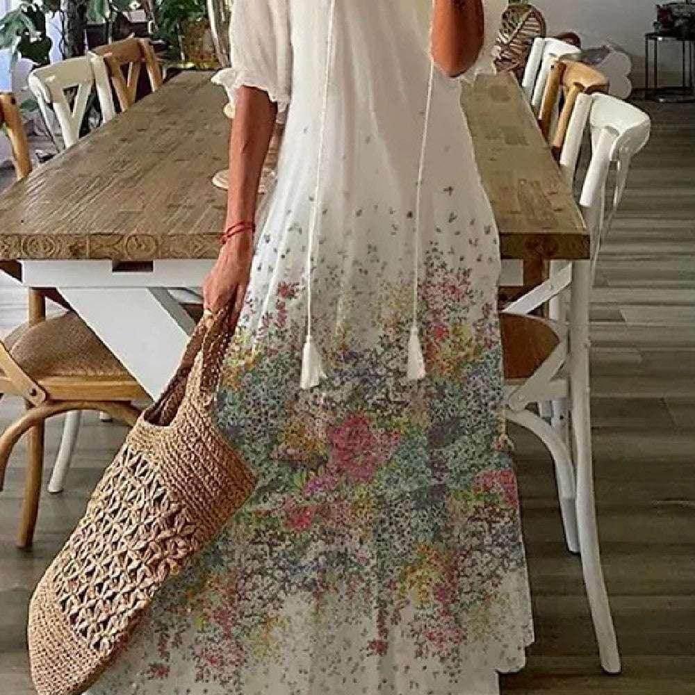Floral V-Neck Long Dress – Elegant & Flowy Fit - ZA-Zola
