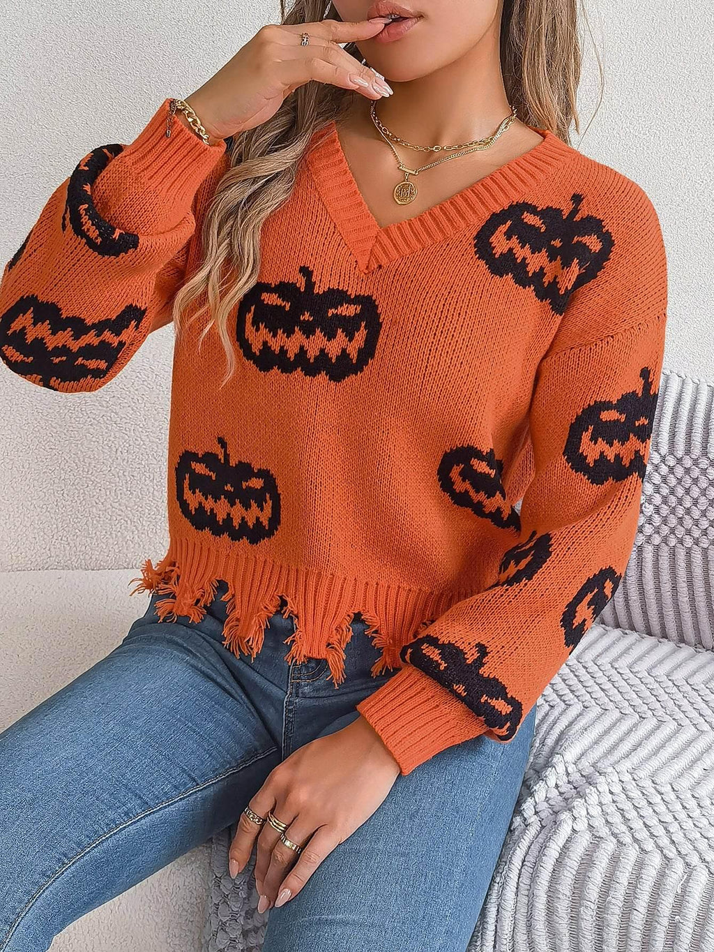 ZA-Zola Halloween Pumpkin Cut Long Sleeve Sweater - ZA-Zola
