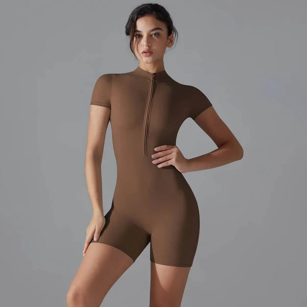 Summer Zipper Yoga Jumpsuit – Short Sleeve Bodysuit - ZA-Zola