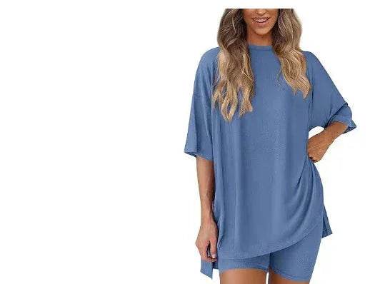 Woman modeling blue oversized t-shirt and shorts lounge set, ZA-Zola trendy fashion apparel