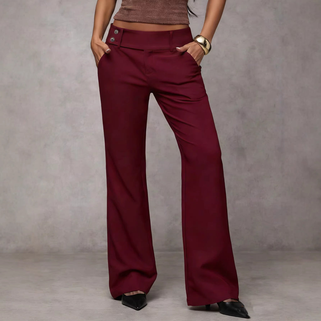 Maroon wide-leg pants worn by a person on a plain background