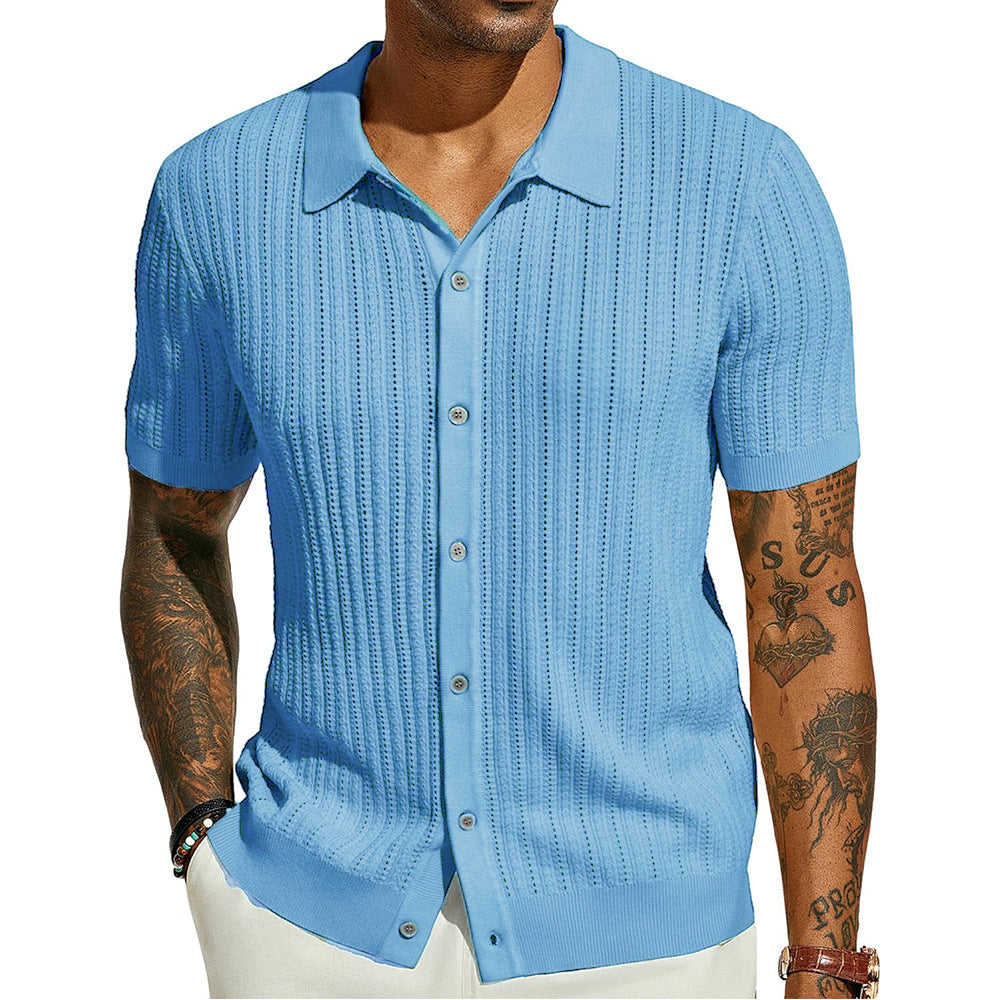Man wearing a light blue textured shirt on a white background
