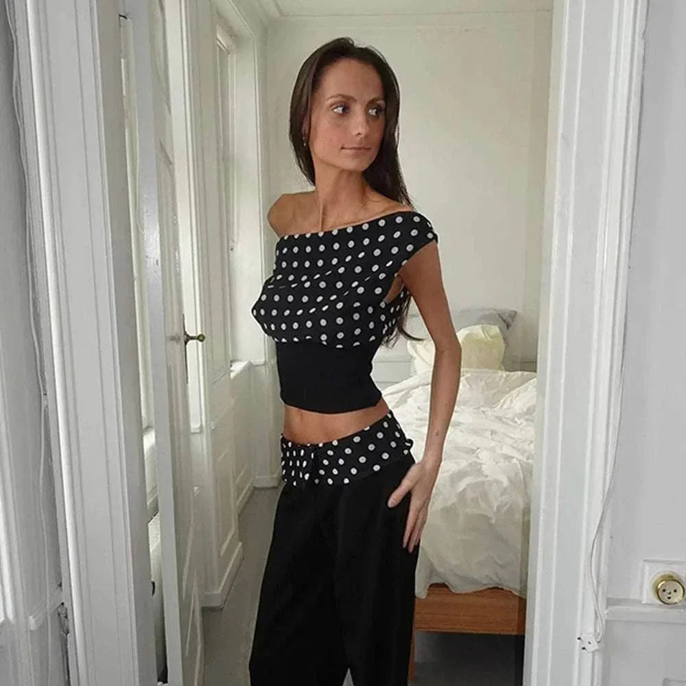 Polka Dot Oblique Shoulder Chiffon Crop Top - ZA-Zola