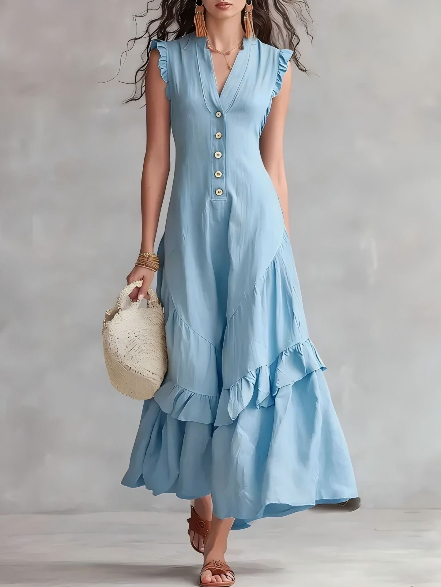 Woman wearing a light blue dress with ruffled details against a plain background