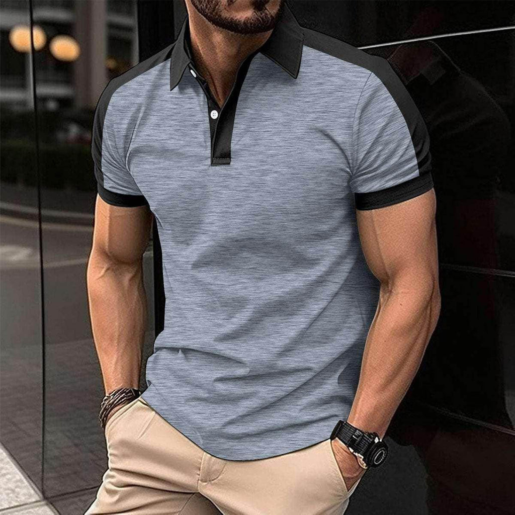 ZA-Zola men's short sleeve grey polo shirt with black collar and trim, stylish streetwear.