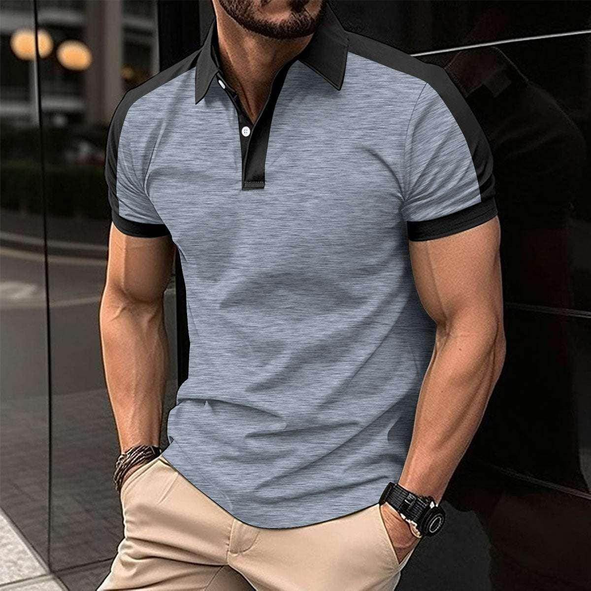 ZA-Zola men's short sleeve grey polo shirt with black collar and trim, stylish streetwear.