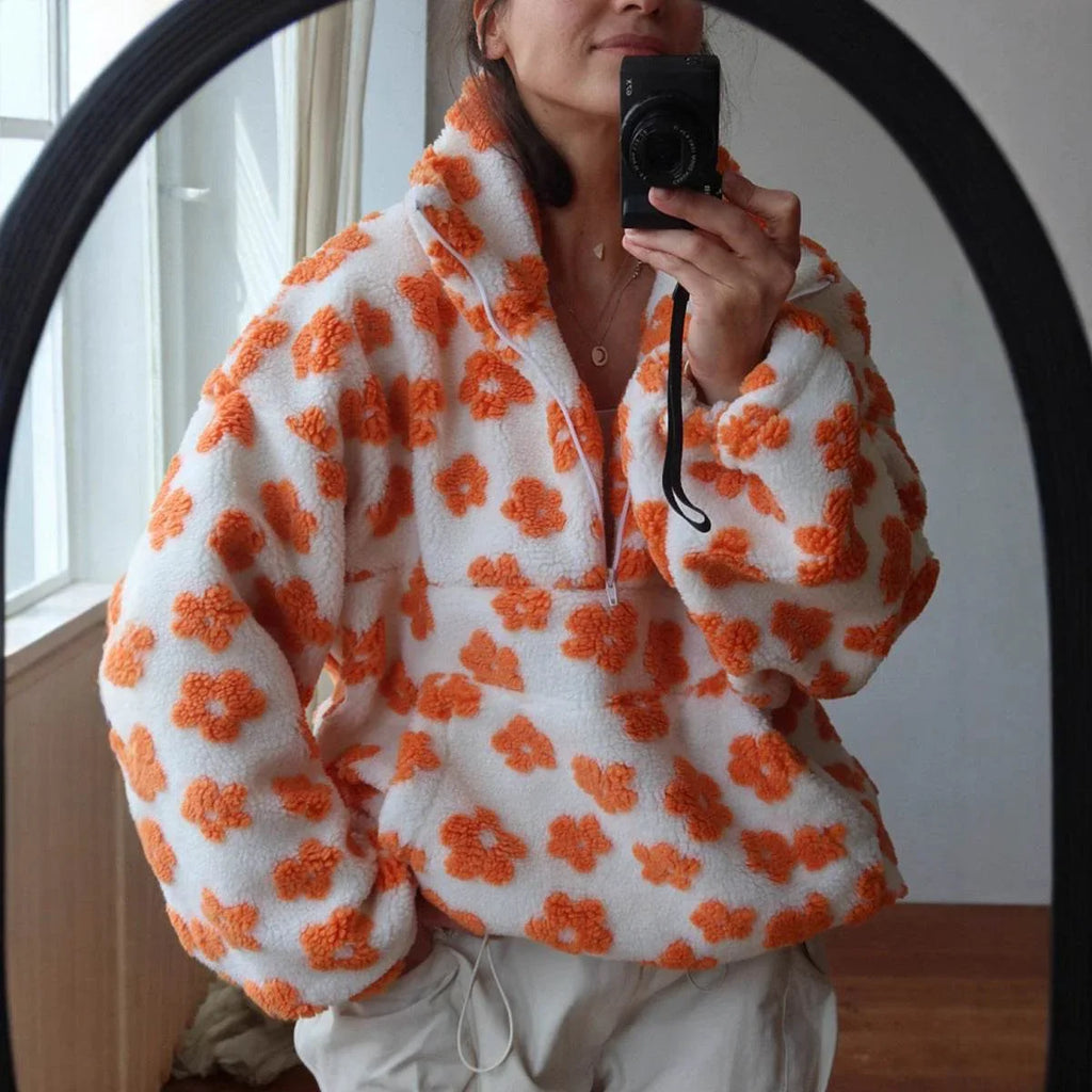 Winter Flowers Lambskin Sweatshirt – Cozy Zip-Up Pullover - ZA-Zola