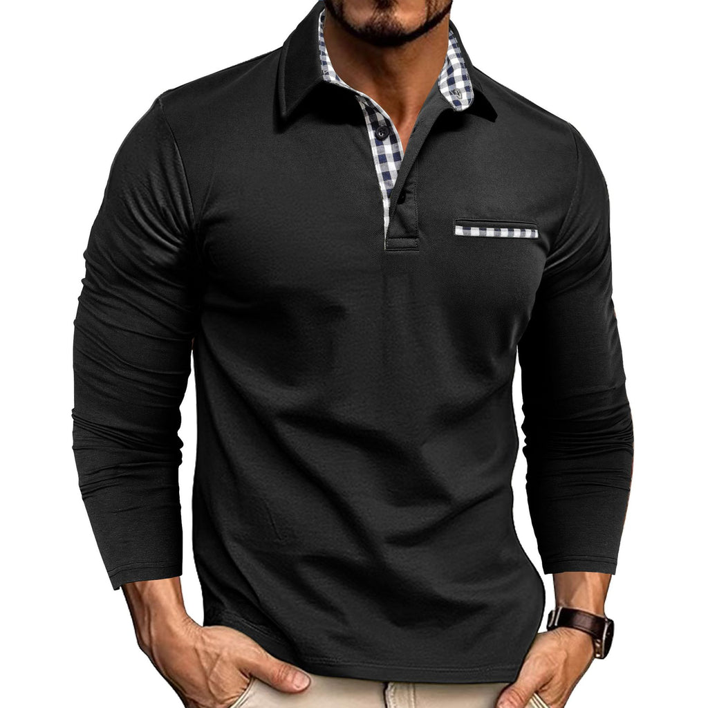 Men’s Plaid Splicing Polo Shirt – Casual Long Sleeve Lapel Top