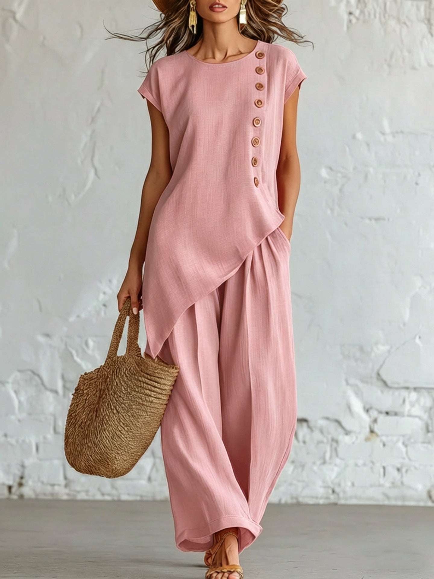 Woman wearing a pink outfit with a textured white wall background