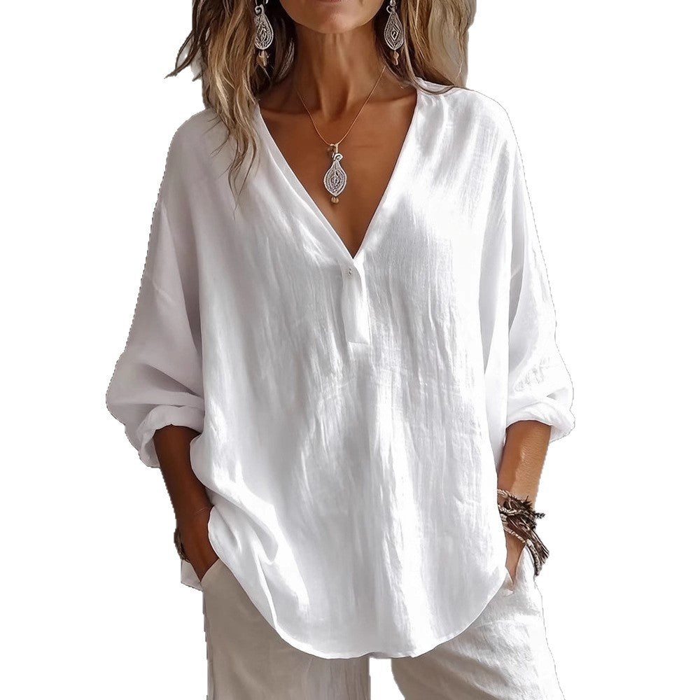 White blouse worn by a model on a white background