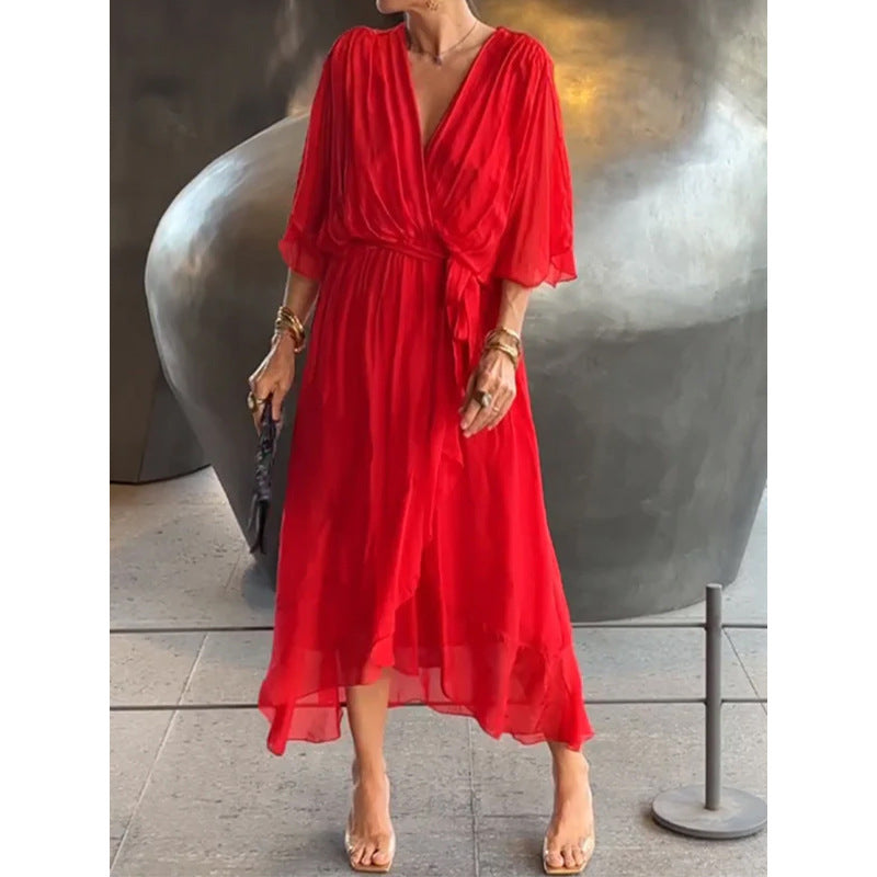 Batwing Sleeve V Neck Irregular Summer Dress Women Pure Color Tied Long Flowing Elegant Casual Womens Clothing