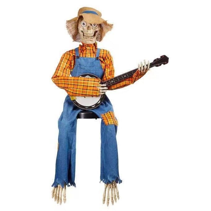 Scarecrow character with a guitar on a white background