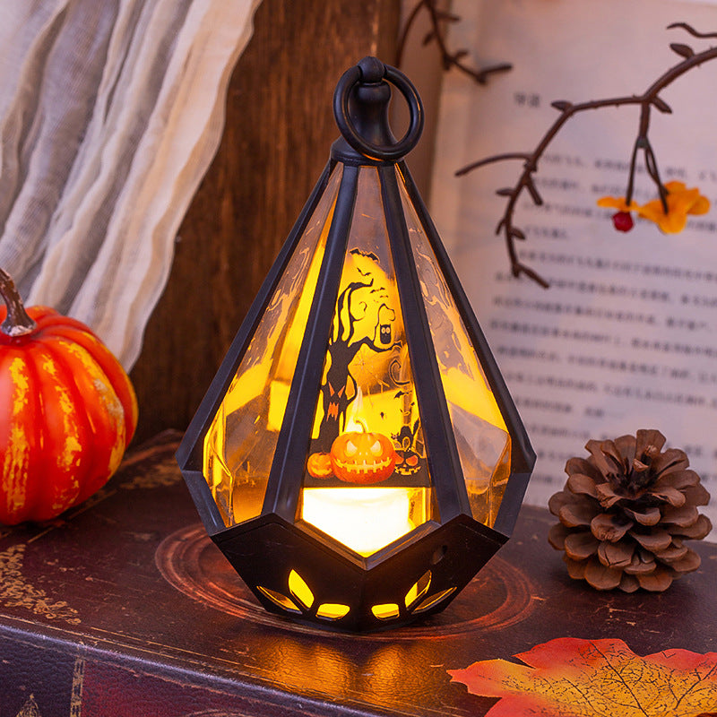 Decorative lantern with Halloween theme on a table with pumpkins and leaves.