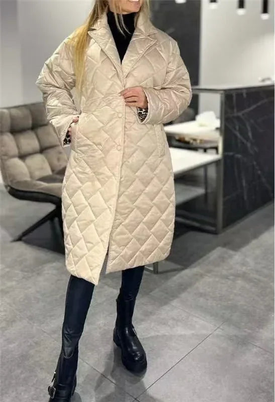 Women Rhombus Stitching Coat – Warm Long Jacket with Lapel & Pockets - ZA-Zola