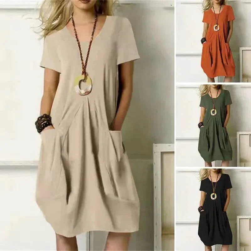 Loose Cotton Linen Round Neck Swing Dress - ZA-Zola