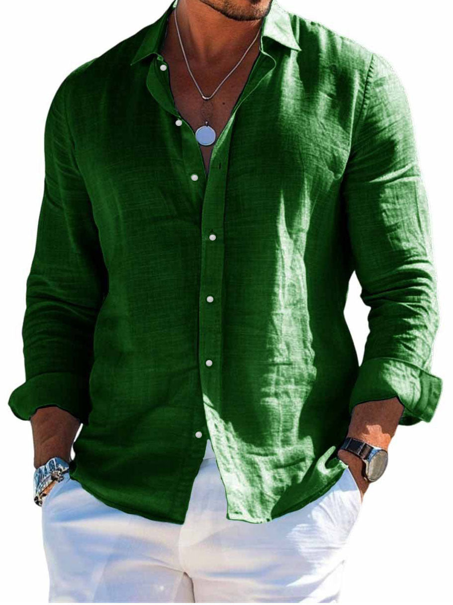 Green button-up shirt worn by a person on a white background
