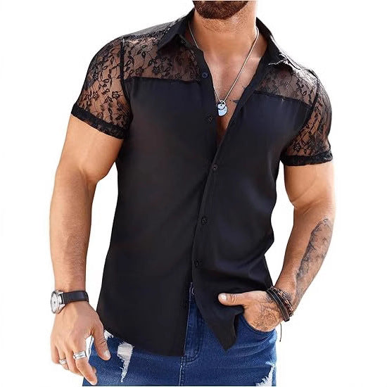 Man wearing a black shirt with lace sleeves on a white background