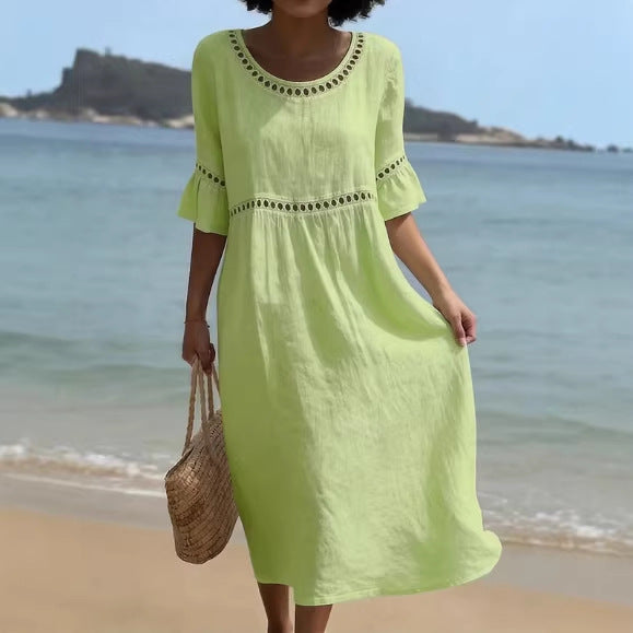 Elegant Casual Crew Neck Three Quarter Sleeve Solid Color Dress for Women