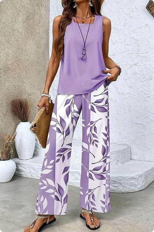 Woman wearing a lilac sleeveless top and floral wide-leg pants, chic fashion from ZA-Zola.