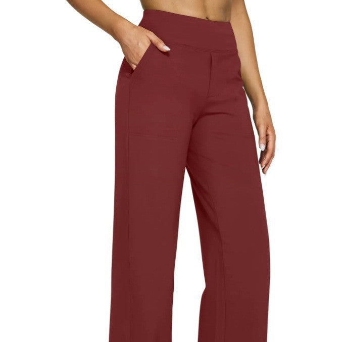Maroon high-waisted pants on a white background