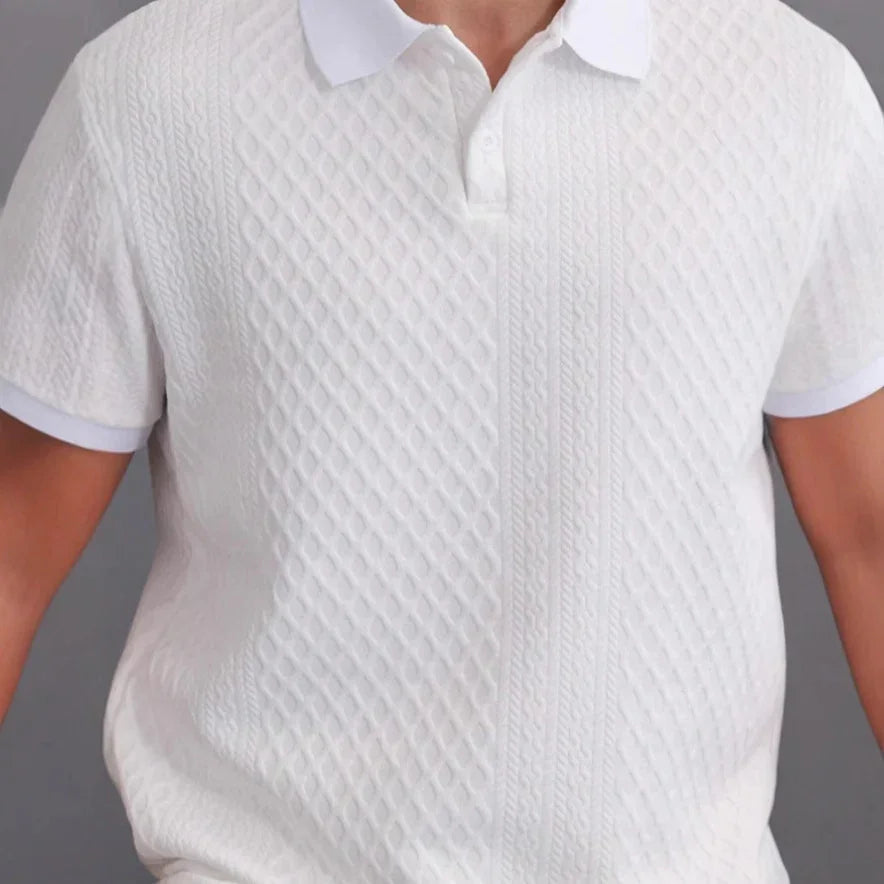 White textured polo shirt on a gray background