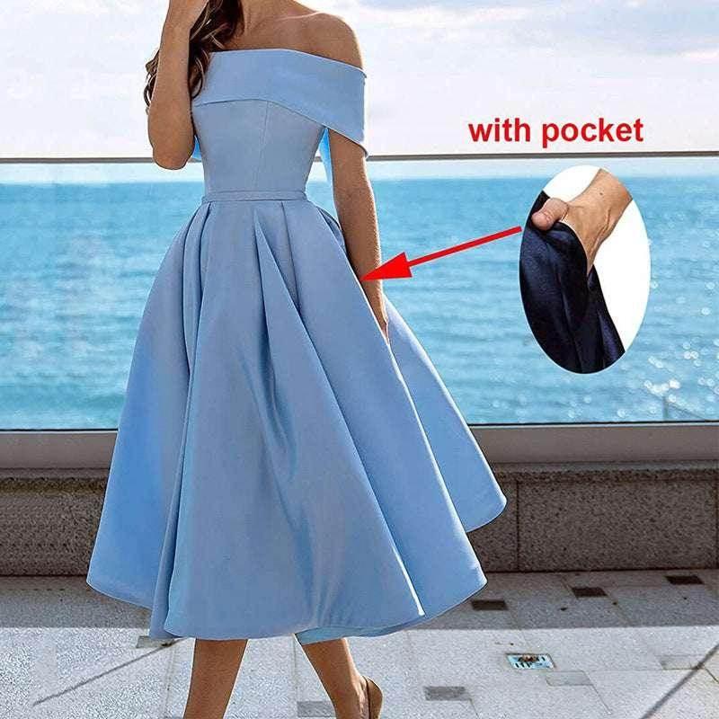 Off-Shoulder Satin Tea-Length Party Dress - ZA-Zola