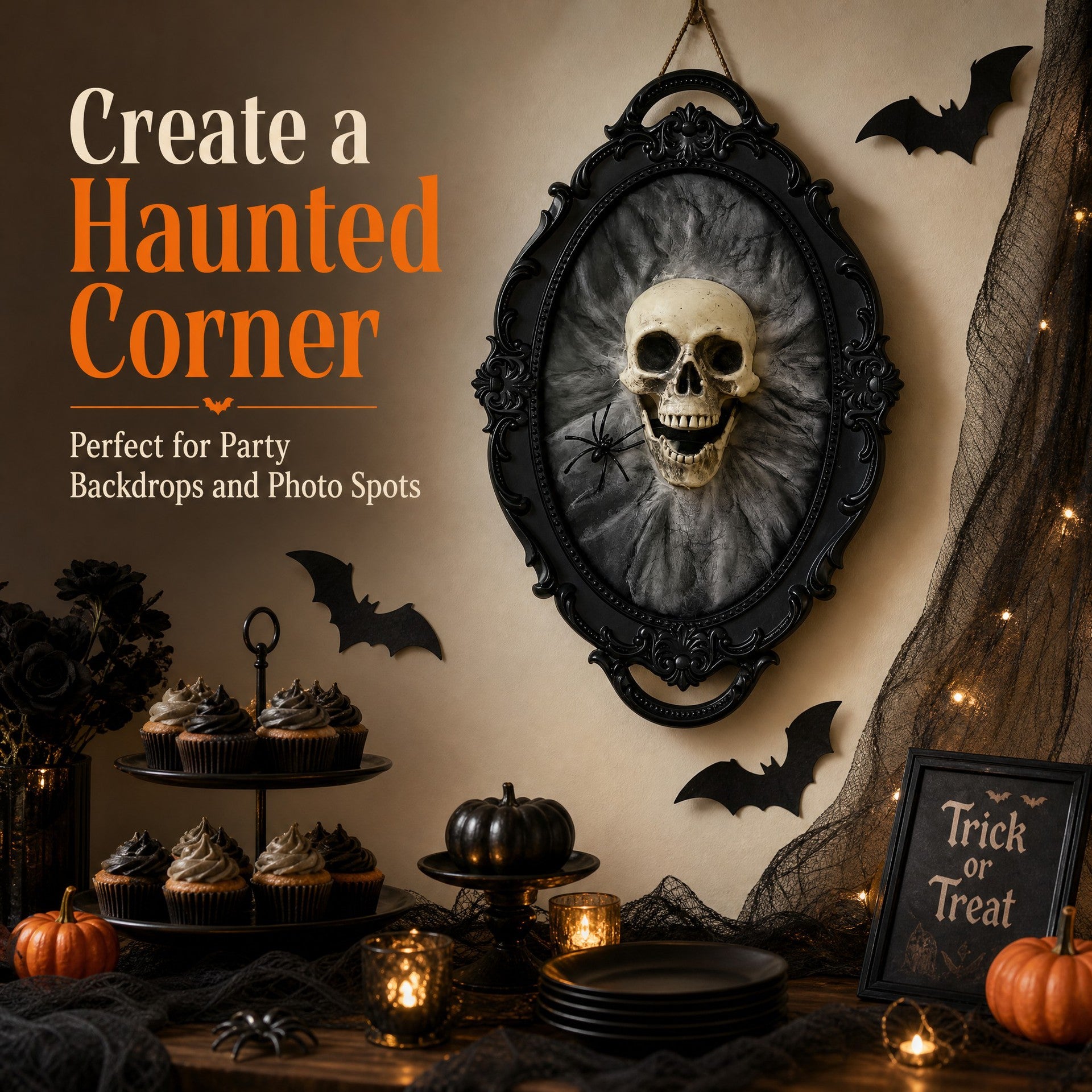 Halloween themed party backdrop setup with a large black ornate frame featuring a skull on the wall, cupcakes on a tiered stand, small pumpkins, black plates, spider decorations, bat cutouts, and the text 'Create a Haunted Corner' and 'Perfect for Party Backdrops and Photo Spots'.