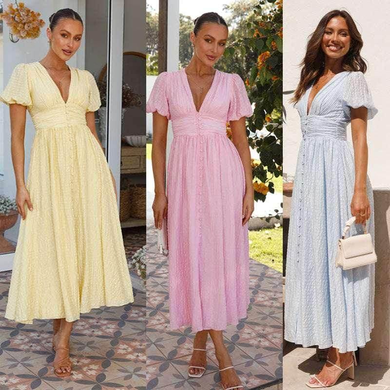 V-Neck Puff Sleeve Long Summer Dress Women - ZA-Zola