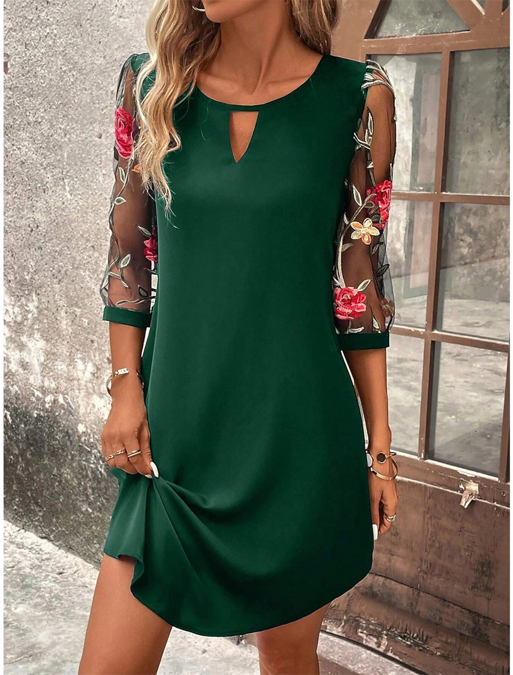 Round Neck Lace Three Quarter Sleeve Waist Tight Dress – A-Line Splicing Midi