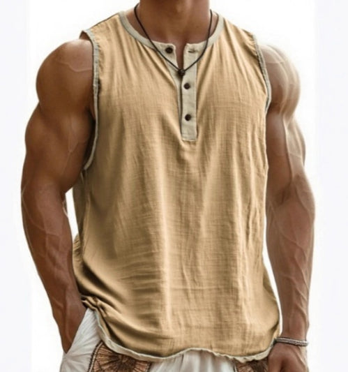 Beige sleeveless shirt worn by a person on a white background