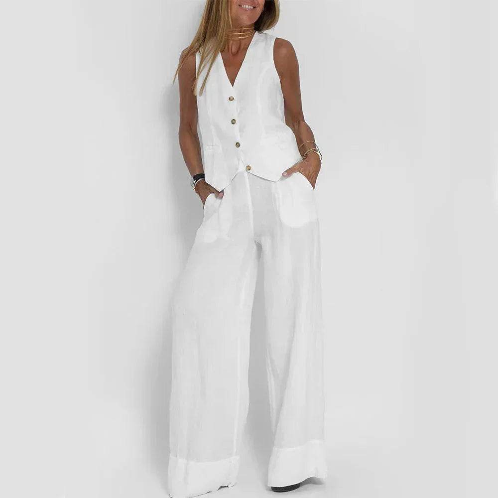 Woman wearing a trendy white sleeveless vest and wide-leg pants set from ZA-Zola