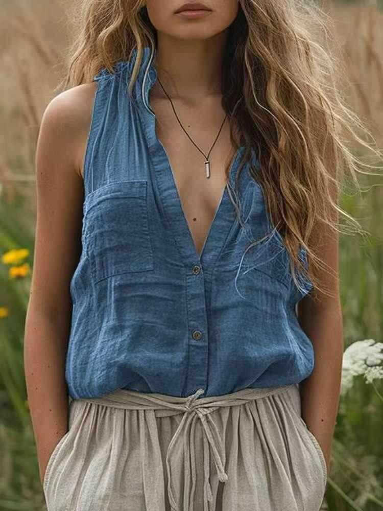 Loose Cotton Linen V-Neck Vest with Pockets - ZA-Zola