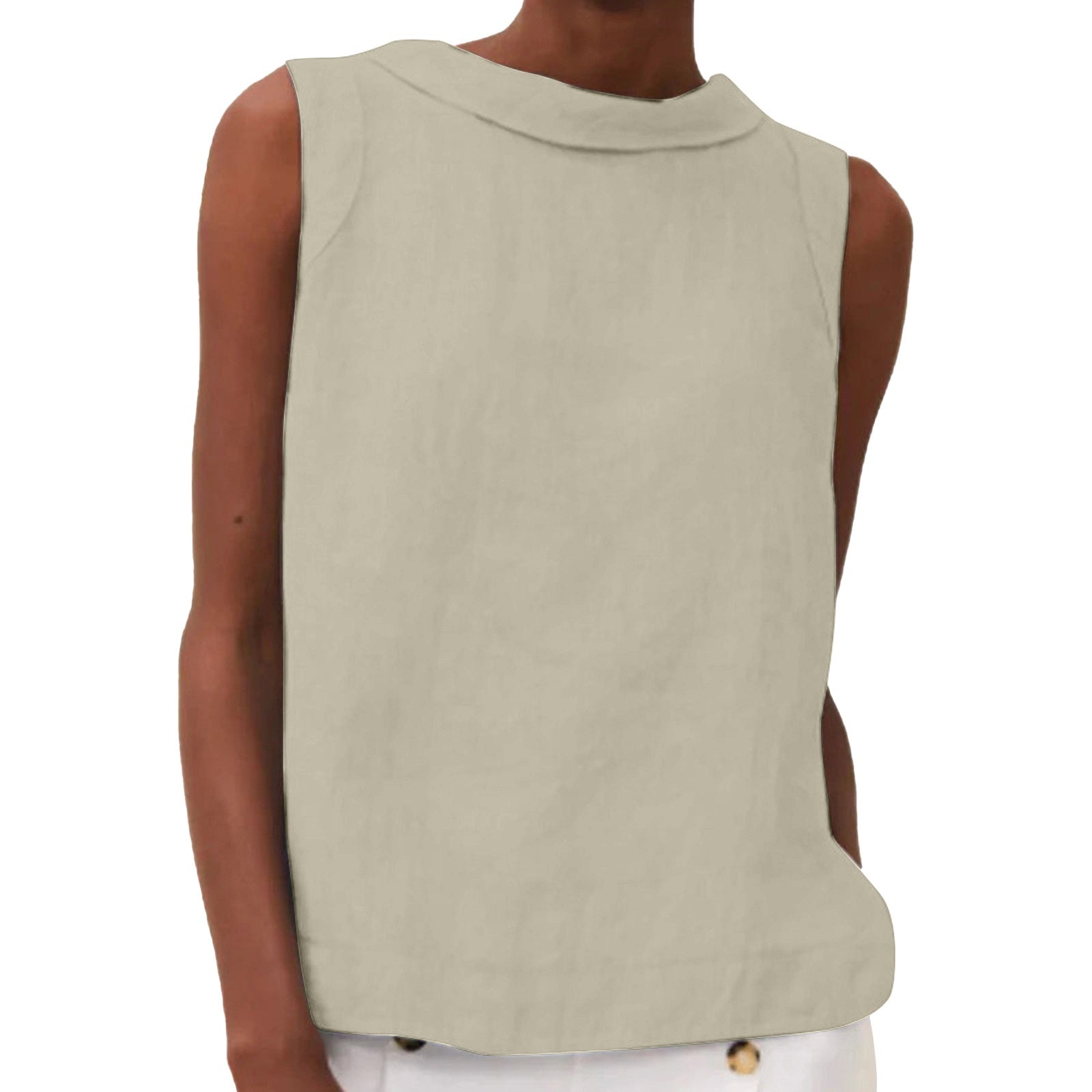 Beige sleeveless top worn by a person on a white background