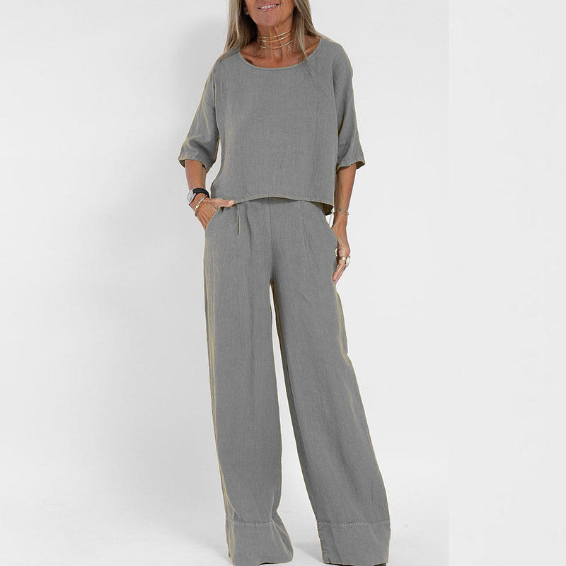 Cotton Linen Casual Pants Suit | Wide Leg