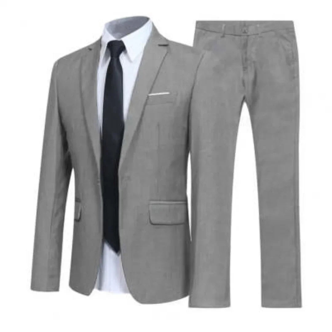 Gray suit jacket, white shirt, and black tie on a white background