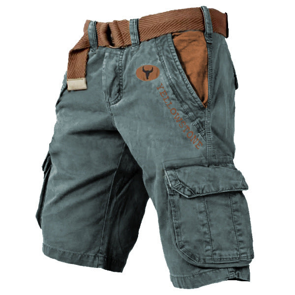 Green cargo shorts with brown belt and logo on a white background