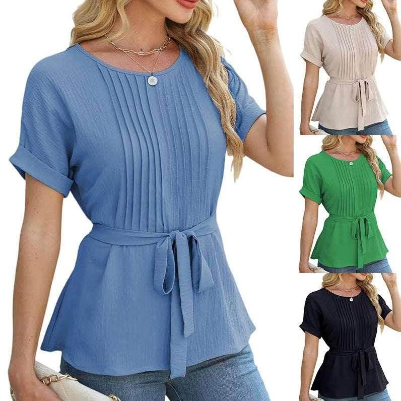 Ruffled Pleated Round Neck Short Sleeve Shirt - ZA-Zola
