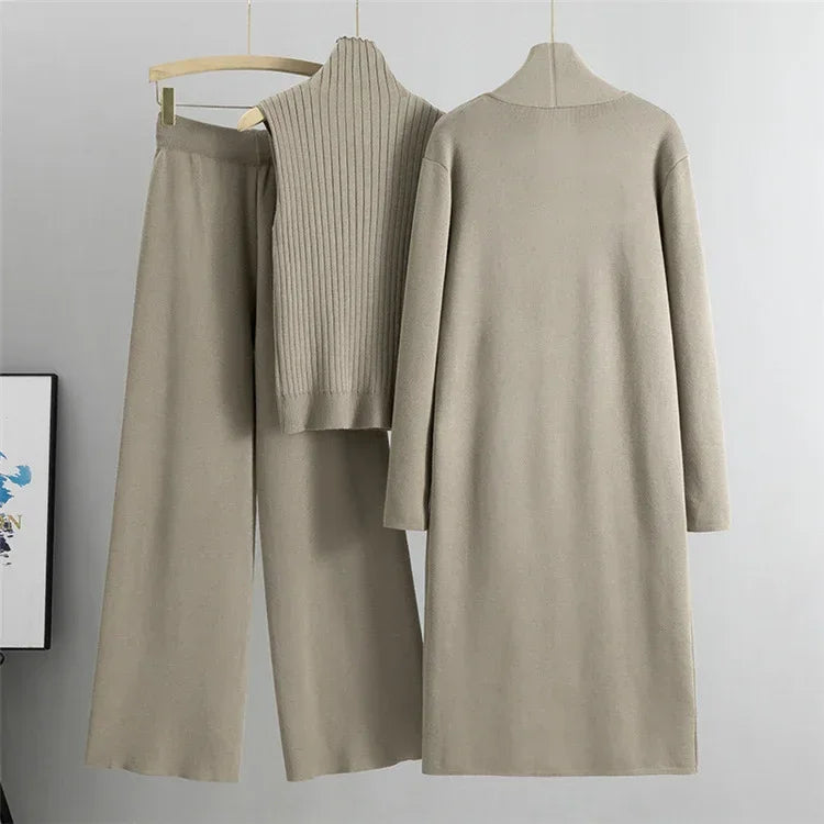 Women Knitted Three Piece Set – Stylish Vest, Cardigan & Pants Outfit - ZA-Zola