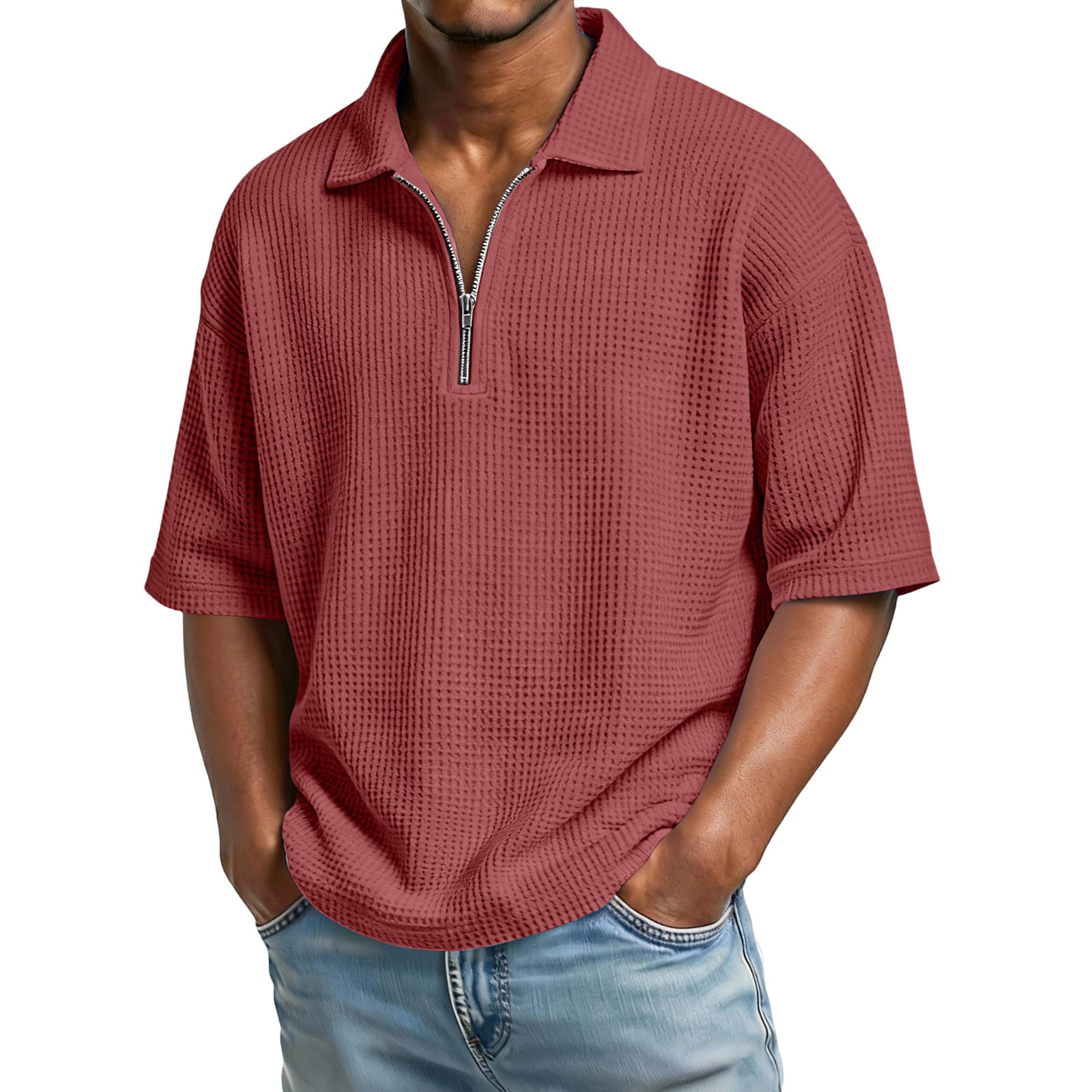 Man wearing a red textured shirt with a zipper on a white background