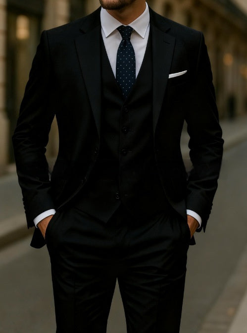 Man wearing a black suit with a white shirt and patterned tie on a blurred street background