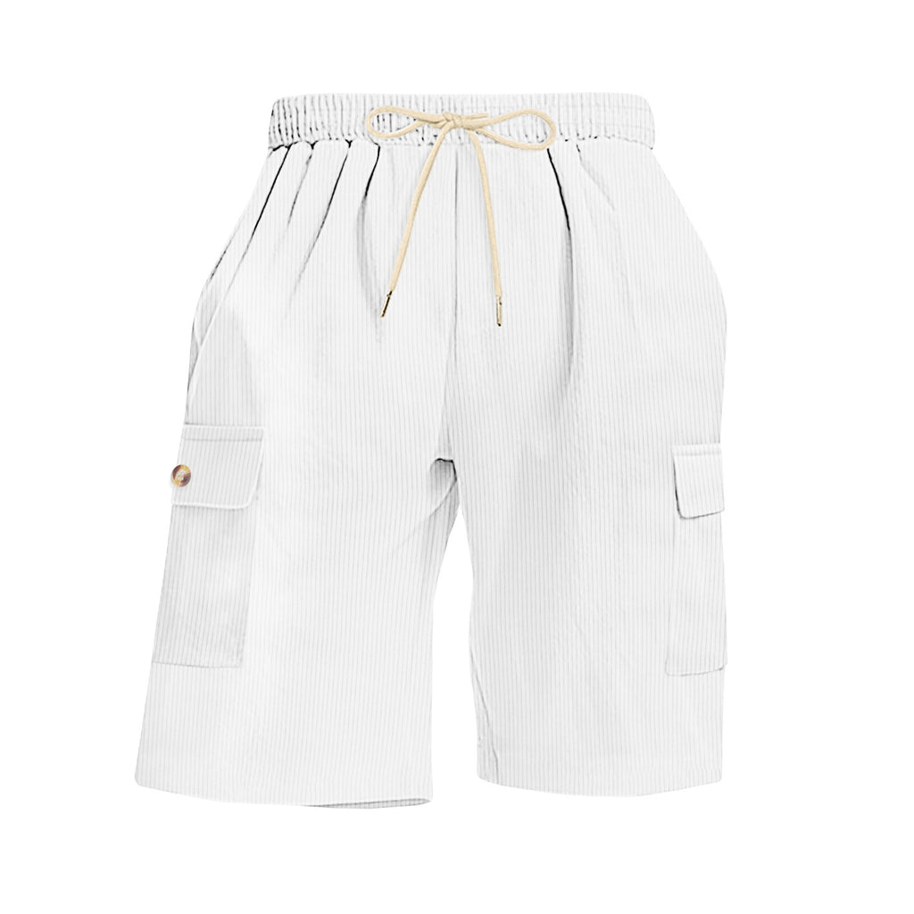 White striped shorts with a drawstring on a white background
