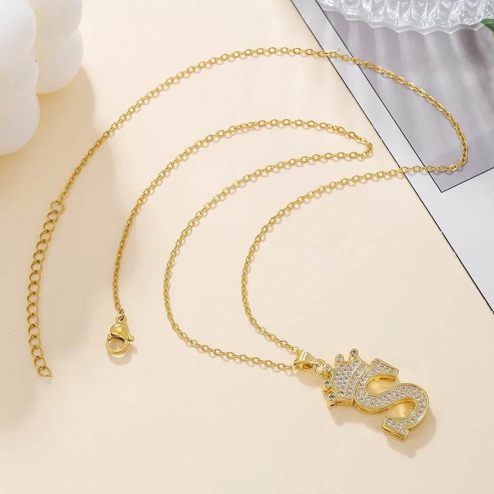 Gold Crown Initial Pendant Necklace for Daily Wear - ZA-Zola